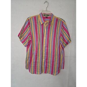 Lauren Ralph Lauren Button Down Women L Pink Multi Stripe Linen Short Sleeve